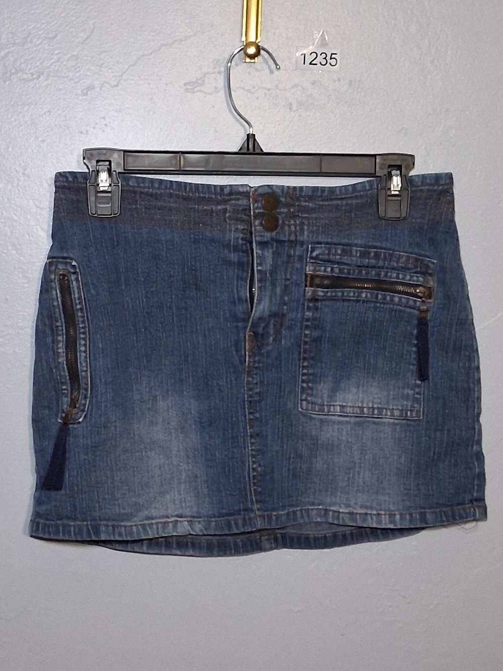 Jordache Blue Faded Denim Mini Skort with Zip Pocket Accents